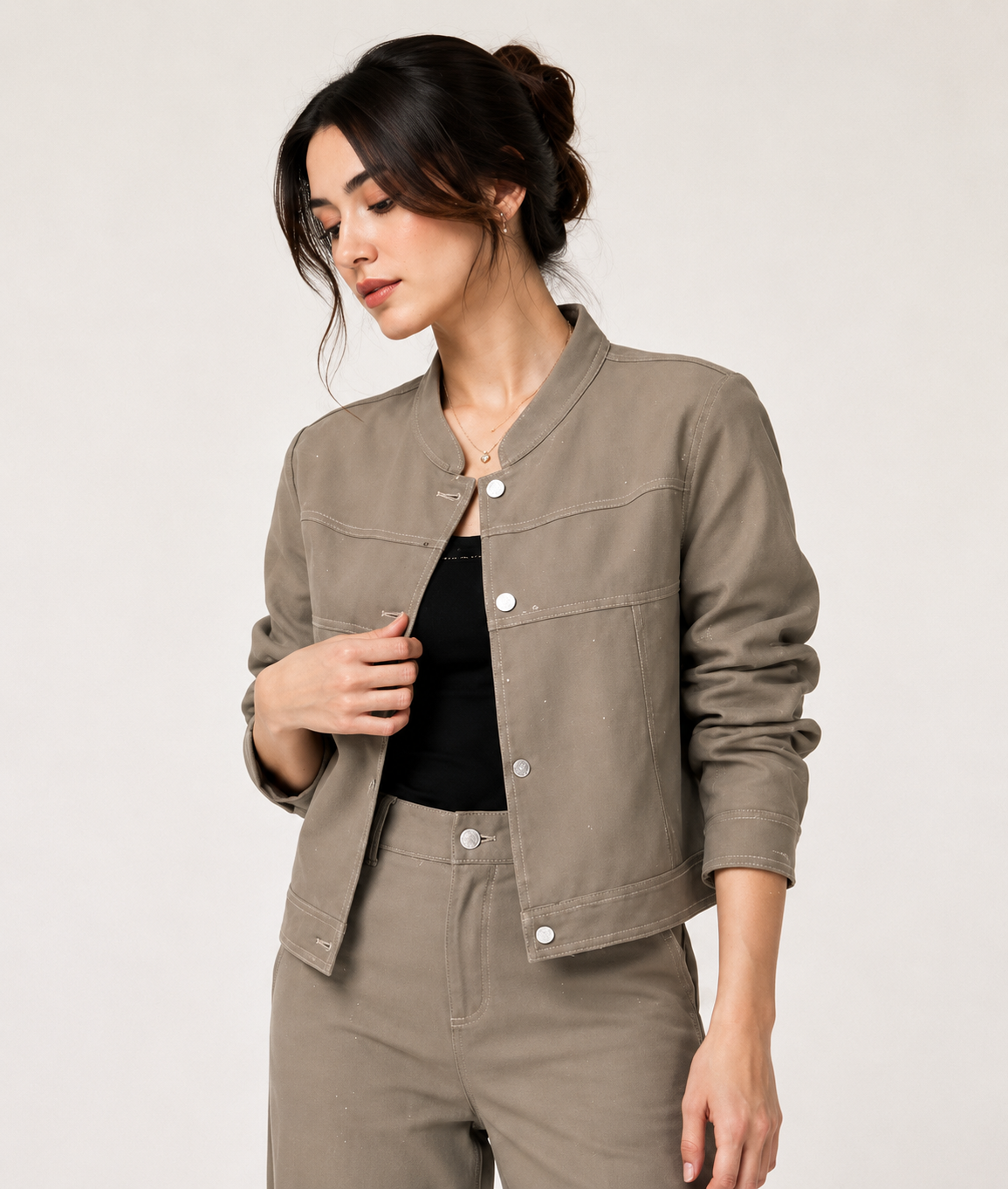 Women’s Cropped Stand-Collar Jacket & High-Waisted Pants Two-Piece Set
