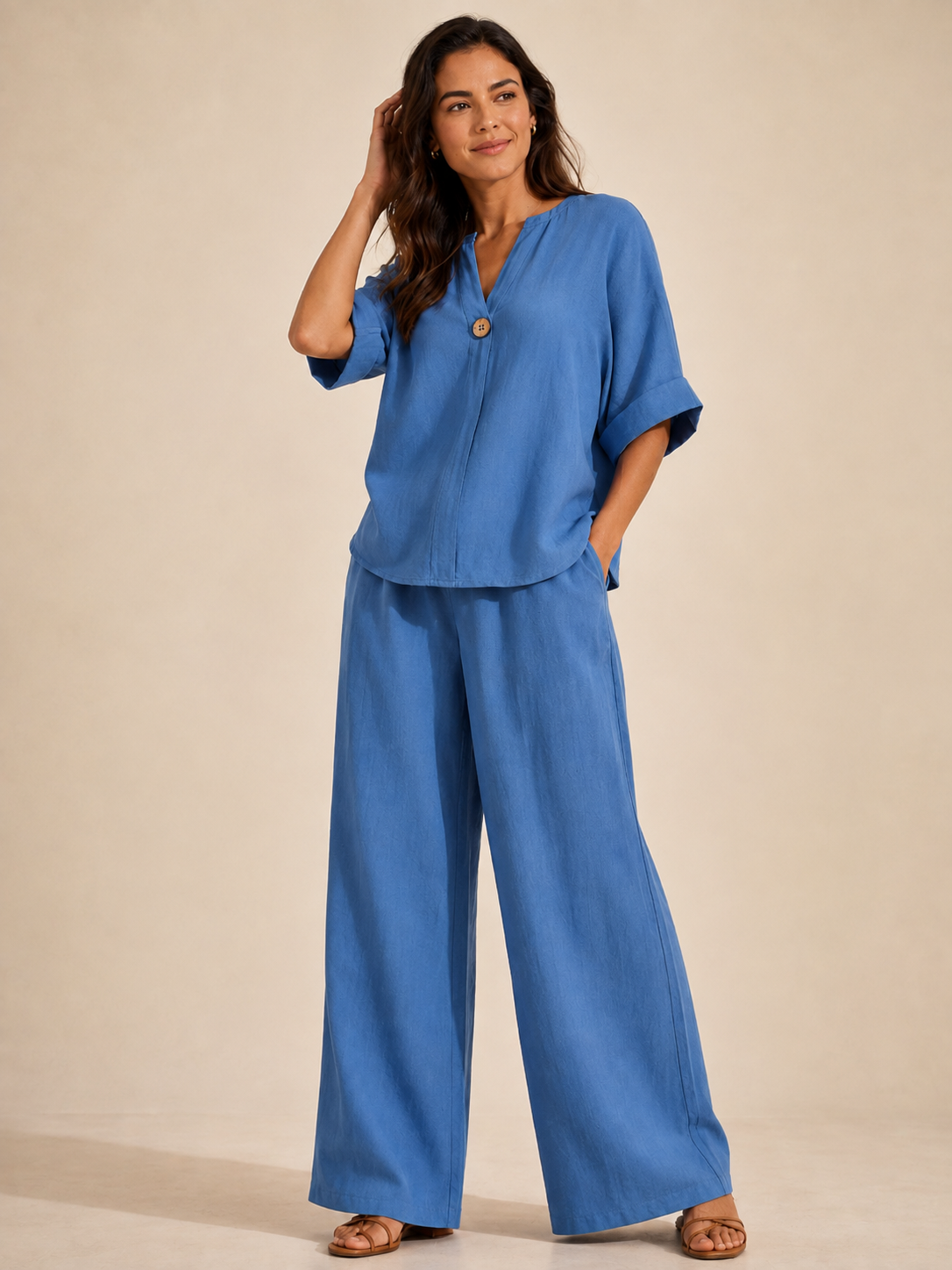 Womens V-Neck Three-Quarter Sleeve Pants Casual Set