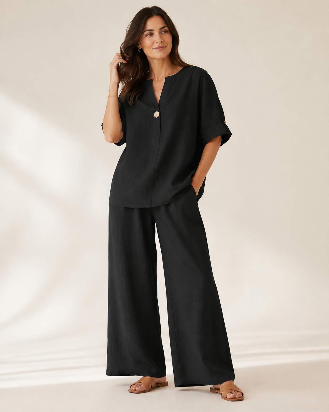 Womens V-Neck Three-Quarter Sleeve Pants Casual Set