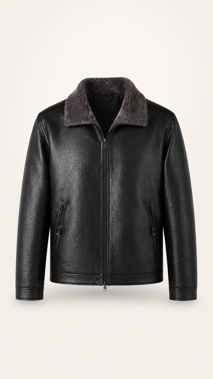 Men's Leather Lapel Fleece Padded Coat