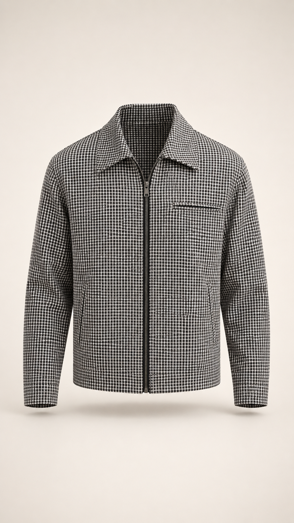 Retro Zipped Loose-fit Houndstooth Casual Coat Retro Waist-cinching Lapel Casual Warm Jacket