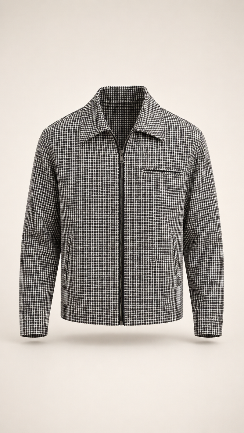 Retro Zipped Loose-fit Houndstooth Casual Coat Retro Waist-cinching Lapel Casual Warm Jacket