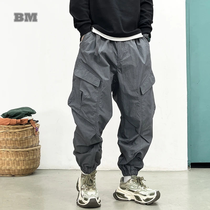 Korean Techwear Cargo Pants Men Spring Summer Quick Dry Lightweight Streetwear Casual Loose Fit Tapered Joggers Hip Hop Trendy