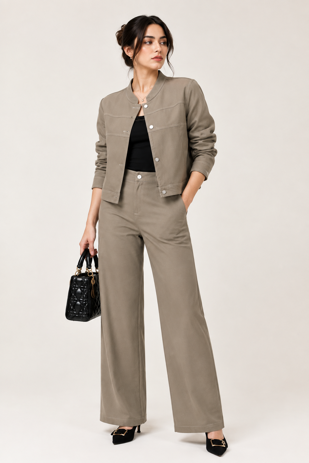 Women’s Cropped Stand-Collar Jacket & High-Waisted Pants Two-Piece Set