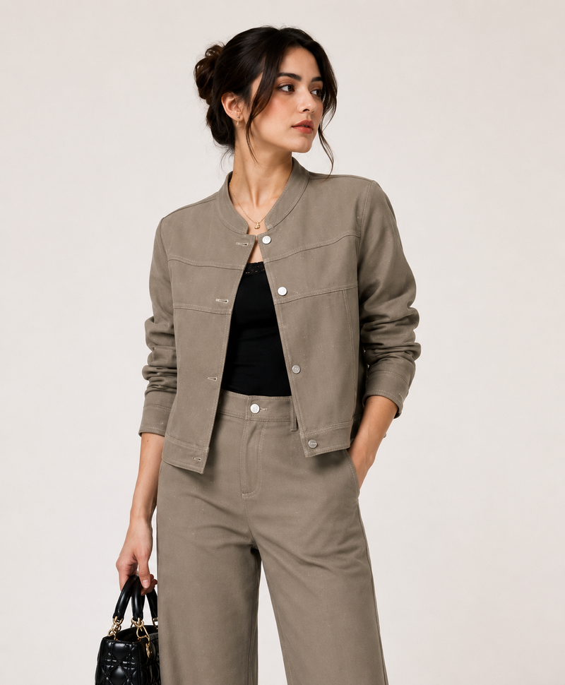 Women’s Cropped Stand-Collar Jacket & High-Waisted Pants Two-Piece Set
